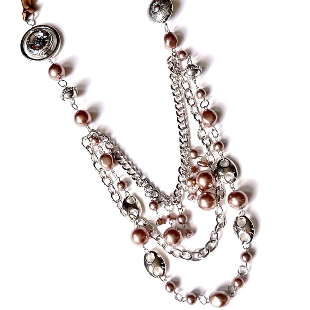 NWOT Long Brown Ribbon Tie Necklace w/Fake Pearl & Silver Bead Accent + Earrings